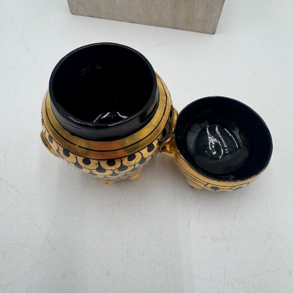 Vintage Hand Painted Burmese Gold & Black Lacquerware Owl Trinket Boxes delicate - Picture 8 of 12